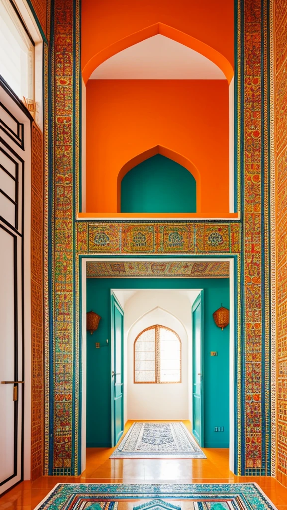 The interior design of an Iranian house in a modern and minimal style, the use of mosaic tiles, orange and turquoise blue mirror arches.
Green, red, live and fresh decoration
