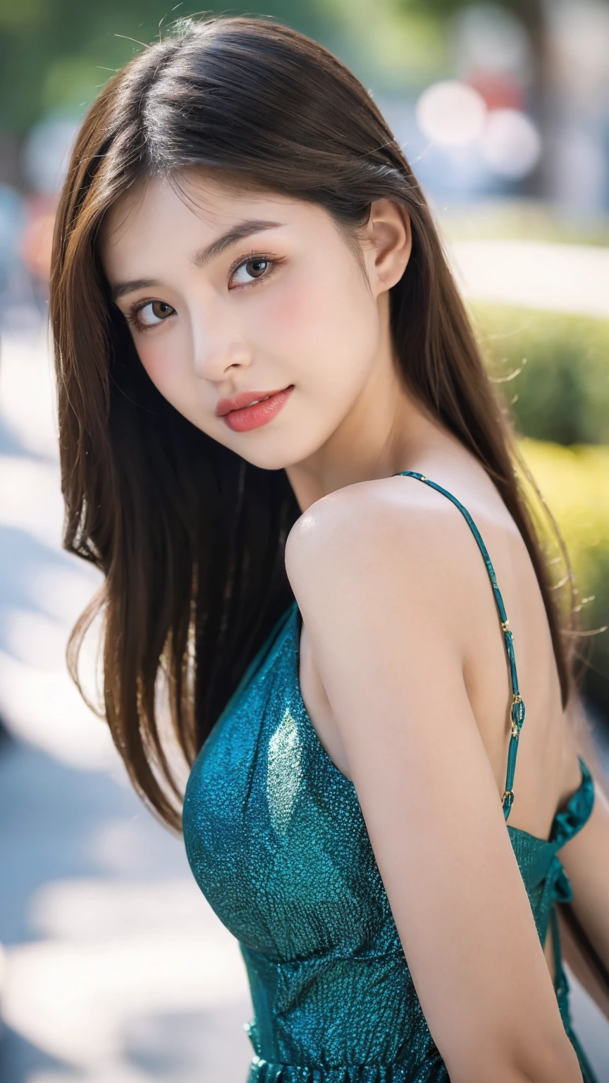 ((Best quality, 8K, masterpiece:1.3)),1girl,18 years old,Asian,Real texture:1.3,(Background blur:1.1),Gorgeous long dress,Tall and slender figure:1.2,(Hot summer weather),(street:1.3),Highly detailed face and skin textures,Exquisite eyes,Long eyelashes,Double eyelids,Skin Whitening,happy,Various postures,Big breasts