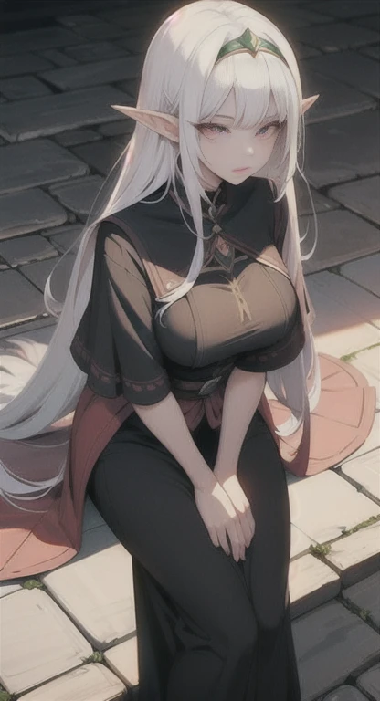Ancient, long white hair pink eyes, elf Princess Saria, Ancient uniform, students everywhere, looking at viewer, SFW,