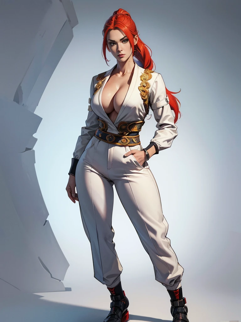 ((best quality)), ((4k)), ((highres)), ((masterpiece:1.2)). ((detailed)), ((ultra realistic)), ((intricate details)), ((full body picture)), ((character design sheet)), ((blank background)), ((standing in a blank background)), a full body shot of a sexy pale female, inhuman pale skin, ((vampire pale skin))), redhead, ((vivid red hair)), sexy and dangerous, a bit of androgyny, long braided low ponytail, ((long braided low ponytail)), about 30 years old, about 6'0 ft tall, athletic frame, character concept art, female executive, wearing pants, white, black and gold outfit ((multicolored outfit)), ((predominantly white outfit)), ((showing cleavage)), fighting game character design, tekken character design, the king of fighters character concept art, villainess character concept art, full body,