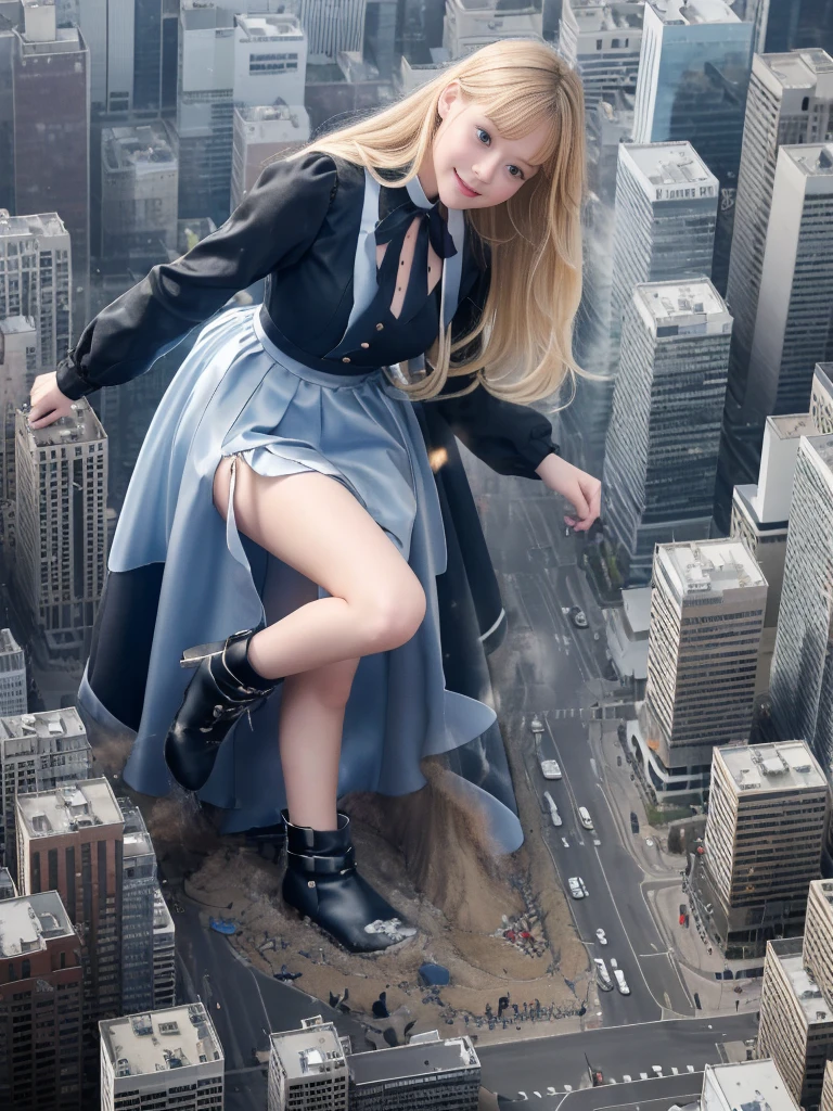（Giantess Elements、High resolution、High resolution、high quality、Accurate body structure、Detailed body） Towering giant blondes girl，50,000 feet high、Looking up at the approaching woman from below、Giants attack the city、cute、blondes、Destroy a small townWomen、Destroy a small town、Mischievous look、(Maid outfit)Japanese、White skin、Giant blondes female、smile、Trampling buildings、rubble、Burning Small Town、Destroyed small building、Collapsed highway、Cars are crushed、Evacuating residents、sunset、Burning Small Town、go ahead、walk、Trampling、Anatomically correct、Accurate human body、Accurate skeleton、Full body portrait、blue eyes、Rubble scattered at my feet、Higher than skyscrapers、Big impact、amazing、Giantess Elements、Draw a woman in a big way、Increase the destructive element、Make the city smaller、BLACK boots、Crushthecarwithyourhands