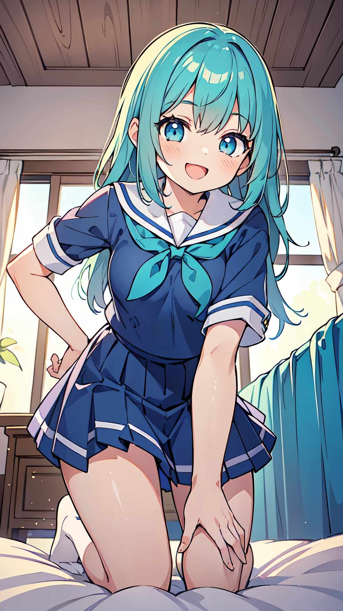 ((A Pretty high school girl is kneeling on the bed)), ((wearing the sailor suit and blue skirt)), Baby face, ((top-quality, master piece, ultra-definition, high resolution)), anime girl, ((ultra-detailed illust:1.2)), 1 girl, bangs, hair between eye, green colored hair, beautiful hair, blue colored eyes, Shiny eyes, ((detailed eyes:1.2)), medium breasts, Big smile, enjoyed, laughing, opened mouth, in the bedroom, at dusk, ((view from below))