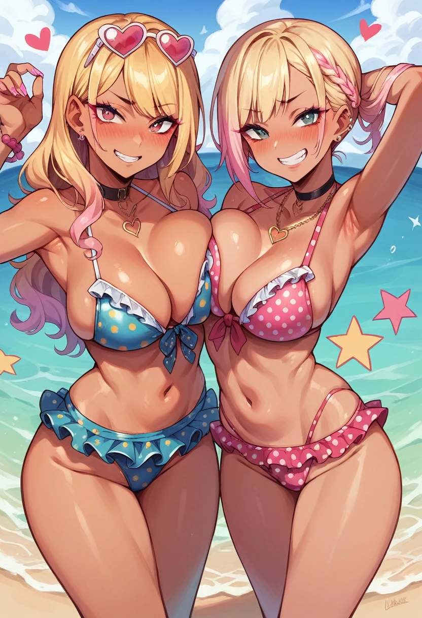 ((sexy 2girl ,gyaru))nsfw,glamorous, blushing, flushed face, frills Polka dot swimsuits .looking at viewer