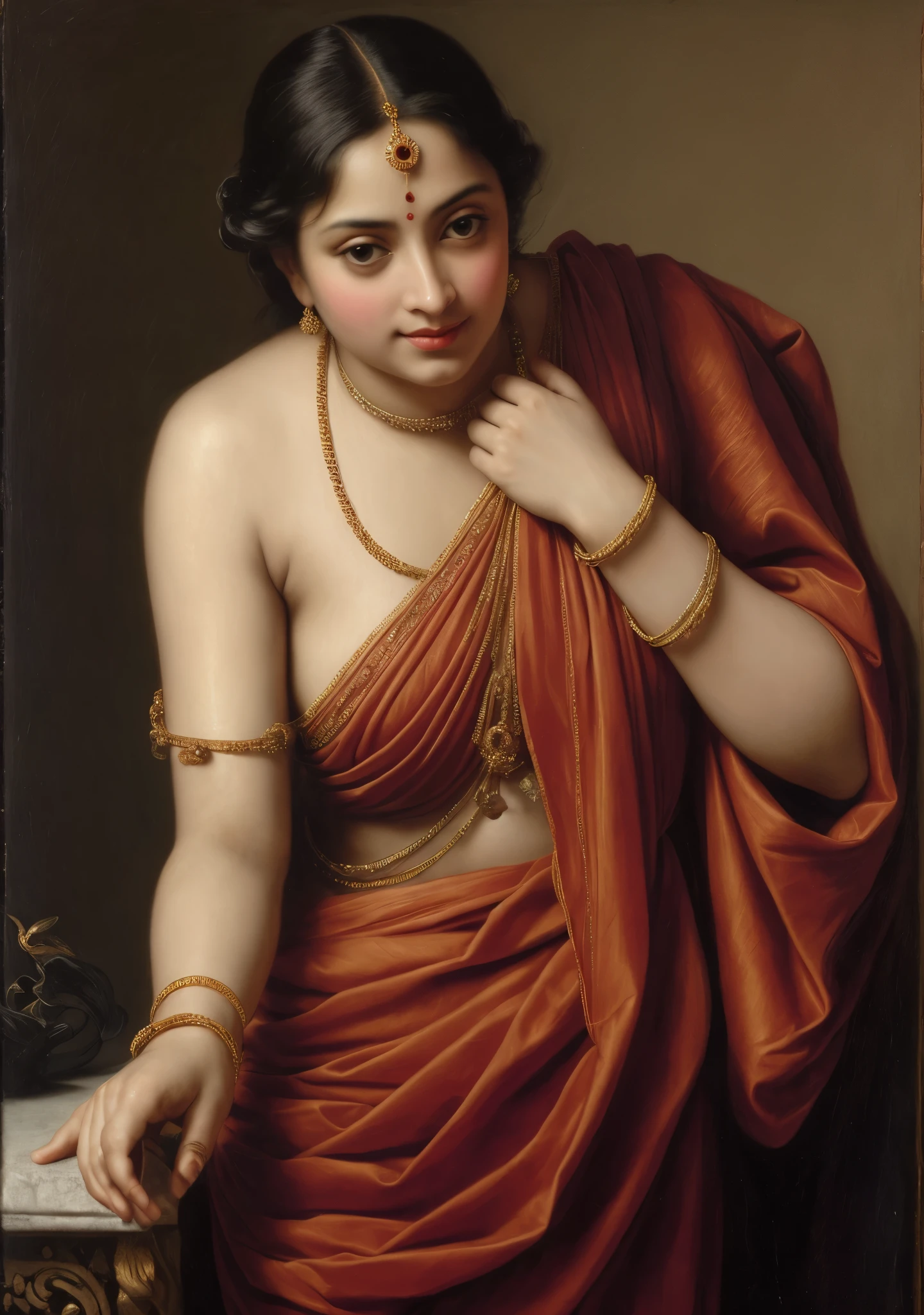 Beautiful Indian Woman, wearing saree, sari Beauty, gorgeous, Apsara, Maharani, royal queen woman, nymph from Hindu Mythology, Urvashi, matchless beauty, Highly detailed, Oil Painting by Peter Paul Rubens inspired by Raja Ravi Varma, Matchless beauty, captivating, gorgeous, heavenly beauty, celestial beauty, by Peter Paul Rubens, 13, realistic, hyper realistic, micro details, incredible artwork, insane details, ultra High resolution, 8k, 32k, acrylic on canvas, intricate, flawless, detailed, detailed face, detailed eyes, masterpiece, by Peter Paul Rubens, by Caravaggio, by William Adolphe bouguereau, perfect face, perfect body, beautiful art, realism, baroque, renaissance Art, highly textured, beautiful and detailed eyes, uhd, best quality,
