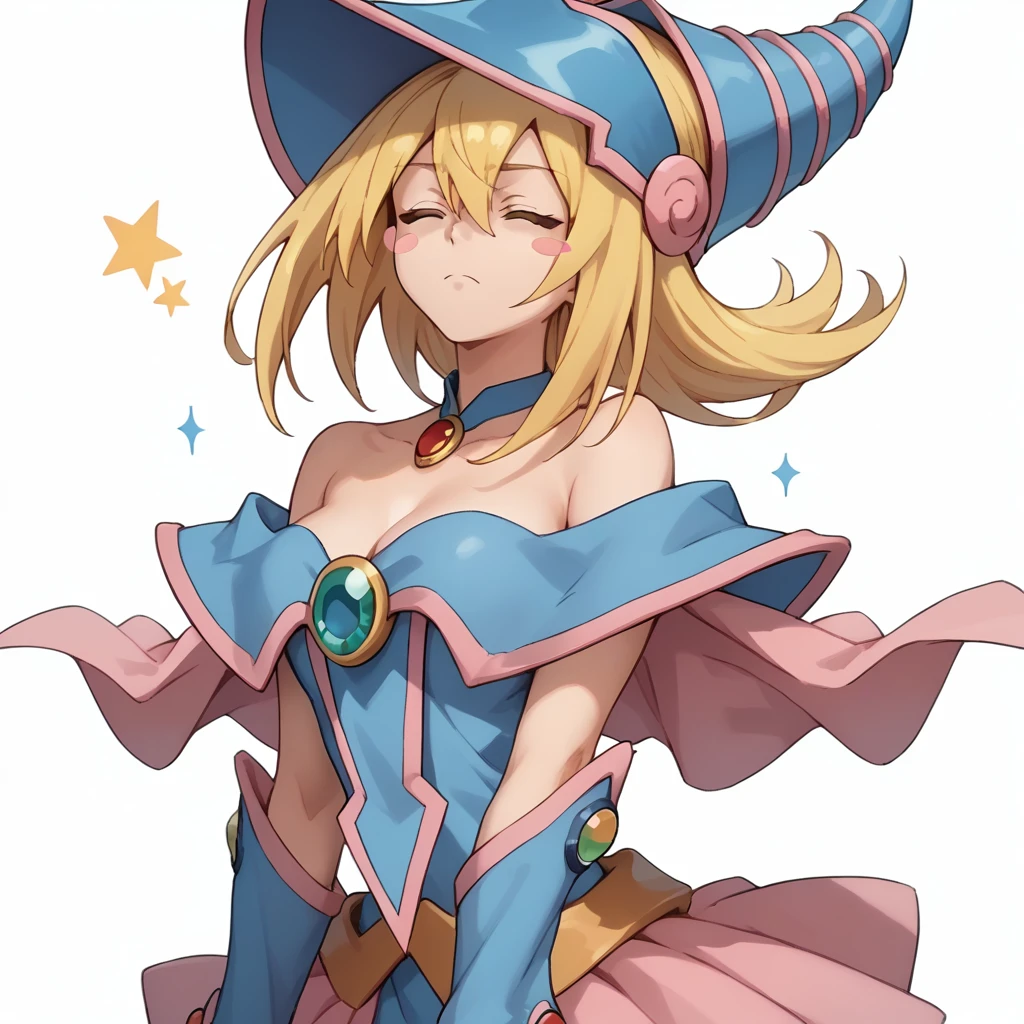 ウインク,closed eyes,
solo,
DarkMagicianGirl,1girl,blonde hair,blush stickers,
wizard hat,
choker,
bare shoulders,cleavage,capelet,blue dress,see-through,
pink skirt,