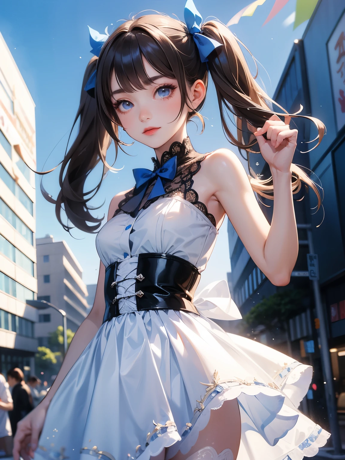 Face - Model&#39;s face is smiling、Shines brightly。Eyes are large、Has distinct and distinctive eyes。

Hair - Hair styled in twin tails、Comes with ribbons and decorations。Hair color is brown、The ribbon is based on blue.。

Body - The model has a slim figure、Wearing idol-style clothes。The outfit is blue and white checked.、Decorated with ruffles and lace。

Pose - Model points with right hand、Make a small fist with your left hand、I&#39;m doing a lively pose。Legs slightly apart、I have a dynamic posture。

Location: Shot outdoors、In the background you can see a modern building.。In clear weather、There is bright natural light。

Other - The model&#39;s outfit includes、Comes with accessories such as belt and chain。Overall it&#39;s cute、It&#39;s a bright photo.