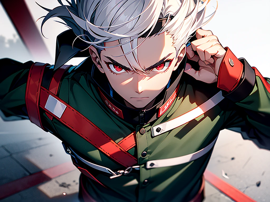 (((High detail))), best quality, 1 man, young man, vtuber model, vtuber, standing, facing forward, arms down, indifferent expression, detailed face, Glowing red eyes, ID photo, Shot of identification, photo taken, plain white background, short and spiky white hair, energetic look. Red eyes, serious expression, black band on his head, green shirt with long sleeves and black details.
