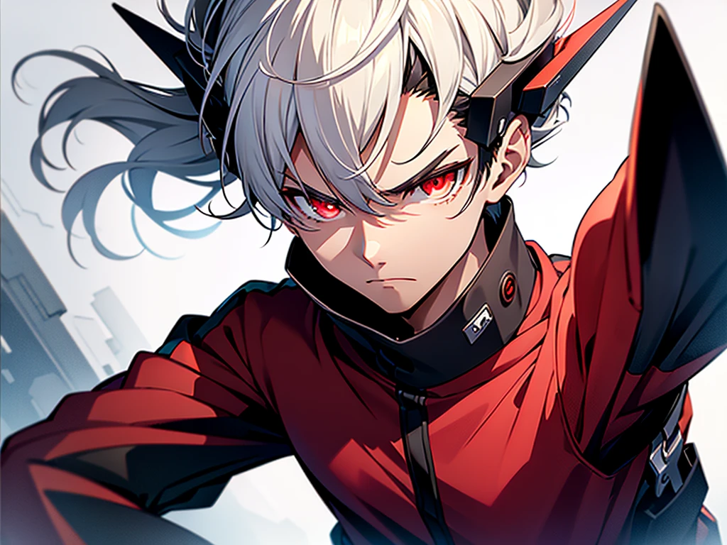 (((High detail))), best quality, 1 man, young man, vtuber model, vtuber, standing, facing forward, arms down, indifferent expression, detailed face, Glowing red eyes, ID photo, Shot of identification, photo taken, plain white background, short and spiky white hair, energetic look. Red eyes, serious expression, black band on his head, green shirt with long sleeves and black details.