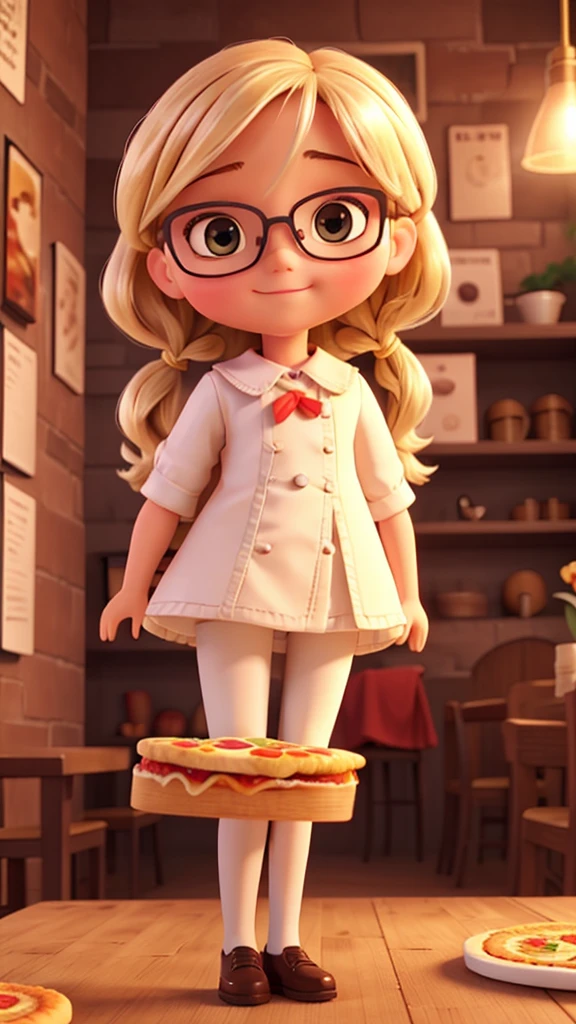 Little blonde doll with glasses holding pizza