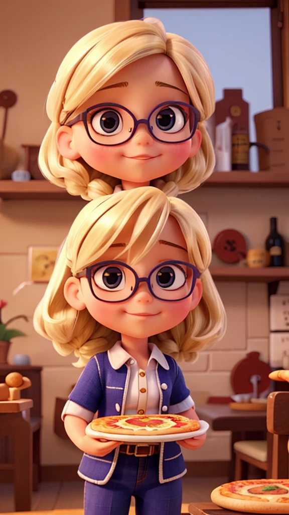 Little blonde doll with glasses holding pizza