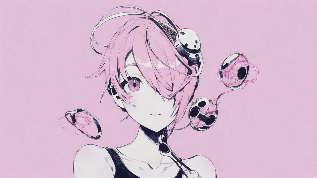 masterpiece, best quality, 1girl, solo, short pink_hair, looking_at_viewer, wearing electronic headset, piece poses , pink_theme, pill, jirai_kei, monochrome,