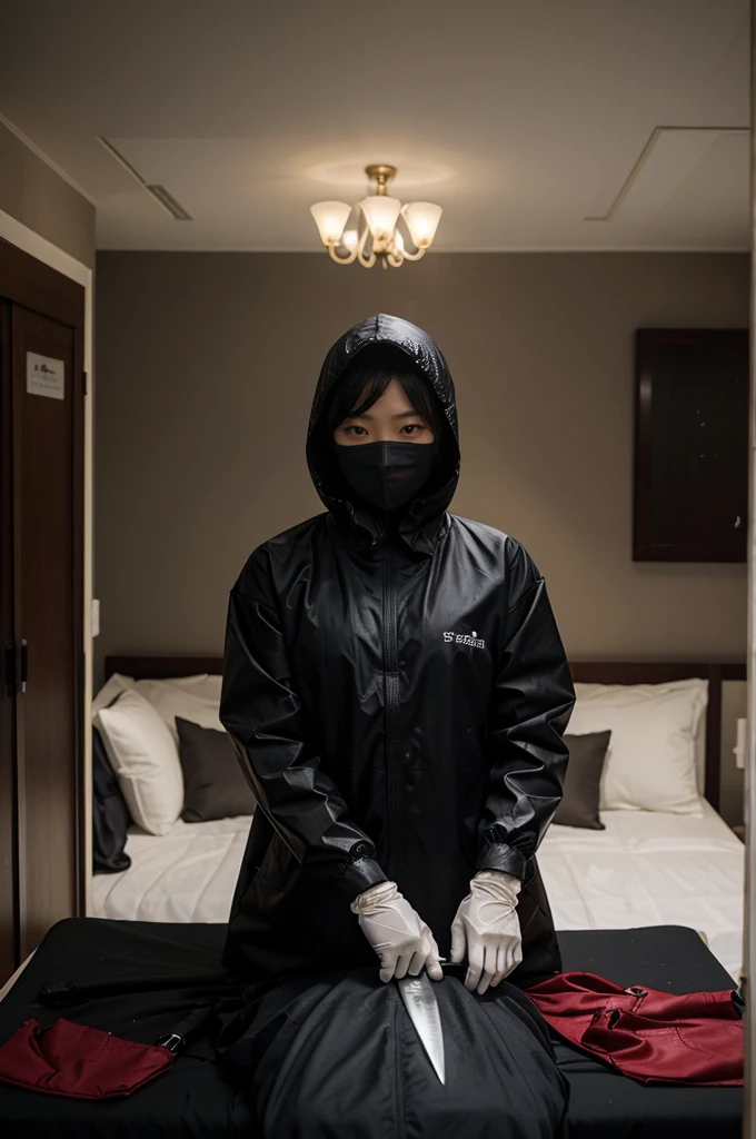 korean girl, (behind corpse, surgical mask), holding knife, stabbing, black raincoat, black gloves, hood up, room full of blood, black wet suit, holding knife, black gloves, behind corpse, blood splatter, night, mass murderer, robbery, in the hotel,