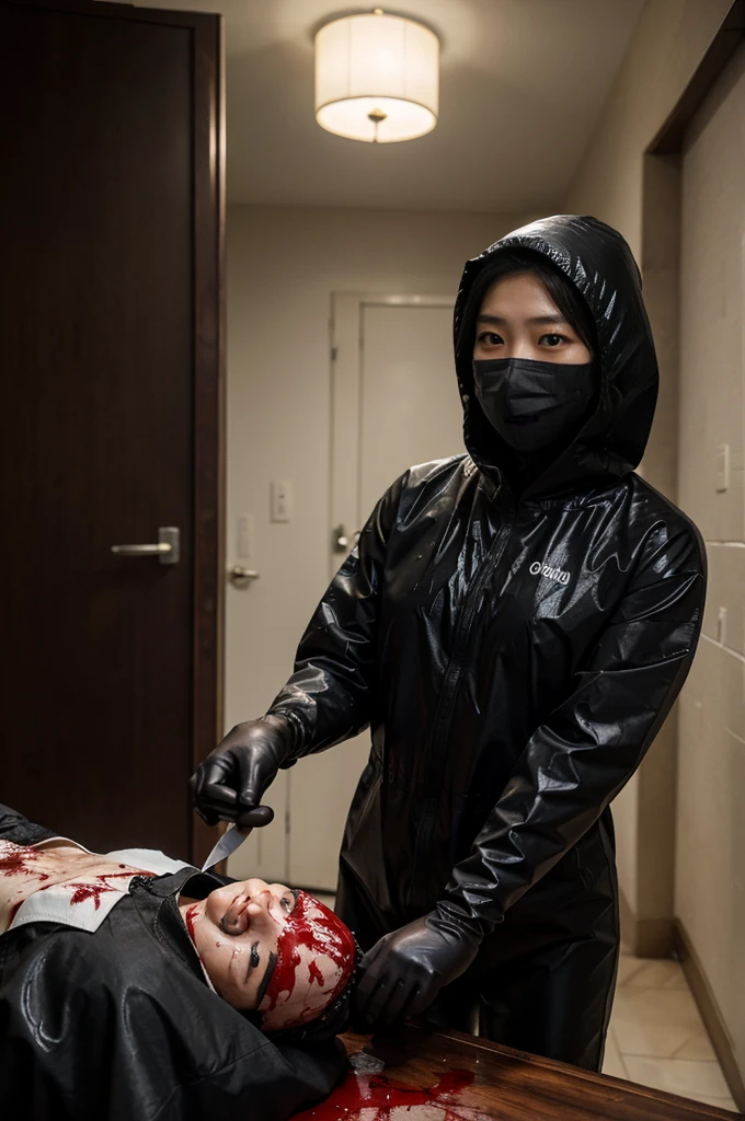korean girl, (behind corpse, surgical mask), holding knife, stabbing, black raincoat, black gloves, hood up, room full of blood, black wet suit, holding knife, black gloves, behind corpse, blood splatter, night, mass murderer, robbery, in the hotel,