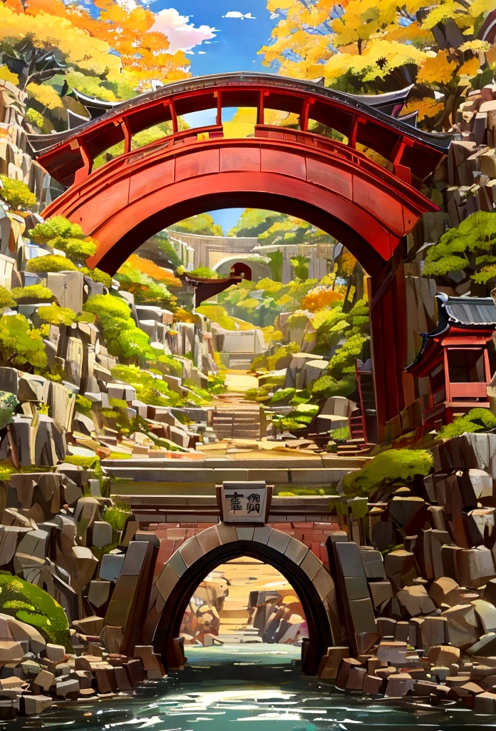 一作古老的Stone Arch Bridge，，Cool colors，Front view，Surrounded by green grass，Vine，Stone Arch Bridge