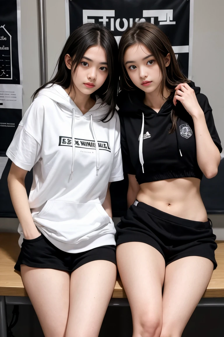 deux femmes ensemble de 18 ans sexy et mince , black short sleeve hoodie , salle de classe, se touche,position sey,sensuel