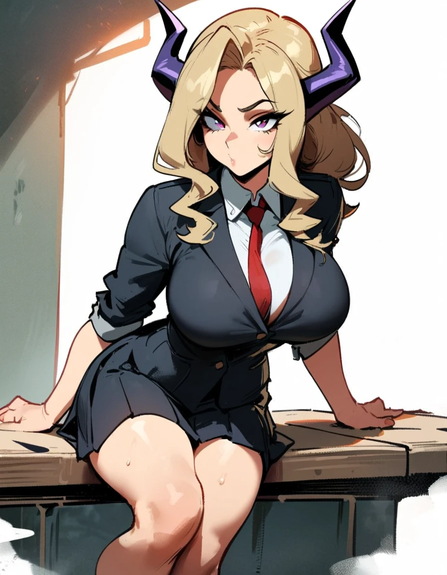 1girl, mount lady, boku no hero academia \\\\\ masterpiece, best quality, very aesthetic, absurdres, newest \\\\\\ sportive body,  \\\\\\  by dodok, nyantcha, cutesexyrobutts, by khyle ///// blonde, purple eyes,  (school uniform:1.2), skirt, , 24 years old, white background,tie,sit, big tits, 