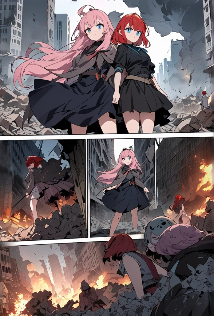 ((highest quality)), ((masterpiece)), ((detailed)), two women, one with pink hair and blue eyes (witch) and one with red hair and blue eyes (normal), in a scene standing back-to-back, surrounded by creatures of shadow, smoke, and darkness, comic e-book storyboard, in a city destroyed and filled with rubble, dynamic, epic, large-scale, anime style