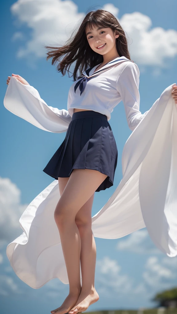 1girl,(((Okinawa ocean)))、(((White sand beaches in Okinawa)))、(((Just join your hands and pray)))、(((Mysterious look)))、8k UHD、Digital single-lens reflex camera、High resolution、Shallow depth of field、Natural light、(((Sailor suit)))、(((navy blue super mini skirt)))、(((A sparkling, charming smile)))、(((Full body photography)) )、Small person、(((Young face)))、1 Japanese female、12 years old;beautiful girl、(Black Hair)、A strong wind blows up my skirt、(((Brown eyes)))、Glowing Skin、Smooth Thinning Hair、Long Hair、Detailed background、Detailed eyes and face、Clear Eyes、Cute smile、Calm atmosphere、(((stage)))、(((Small breasts)))、(((Beautiful Eyes)))、Flat chest、Children、(((Toned thighs))) 、(((Angle from below) ))、(((Fine lips)))、(((Skirt fluttering)))、Shining beautiful legs、( Skirt fluttering violently in the strong wind :1.4), (hair blowing in the strong wind:1.4), (leaning forward)、barefoot、barefoot、((((A skirt flipped up by a strong wind))))