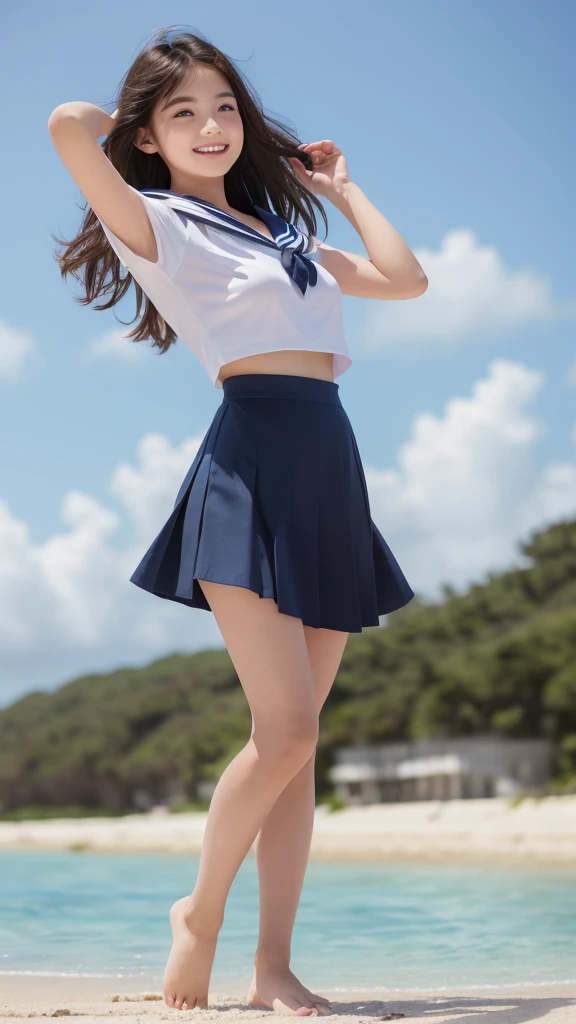 1girl,(((Okinawa ocean)))、(((White sand beaches in Okinawa)))、(((Just join your hands and pray)))、(((Mysterious look)))、8k UHD、Digital single-lens reflex camera、High resolution、Shallow depth of field、Natural light、(((Sailor suit)))、(((navy blue super mini skirt)))、(((A sparkling, charming smile)))、(((Full body photography)) )、Small person、(((Young face)))、1 Japanese female、12 years old;beautiful girl、(Black Hair)、A strong wind blows up my skirt、(((Brown eyes)))、Glowing Skin、Smooth Thinning Hair、Long Hair、Detailed background、Detailed eyes and face、Clear Eyes、Cute smile、Calm atmosphere、(((stage)))、(((Small breasts)))、(((Beautiful Eyes)))、Flat chest、Children、(((Toned thighs))) 、(((Angle from below) ))、(((Fine lips)))、(((Skirt fluttering)))、Shining beautiful legs、( Skirt fluttering violently in the strong wind :1.4), (hair blowing in the strong wind:1.4), (leaning forward)、barefoot、barefoot、((((A skirt flipped up by a strong wind))))