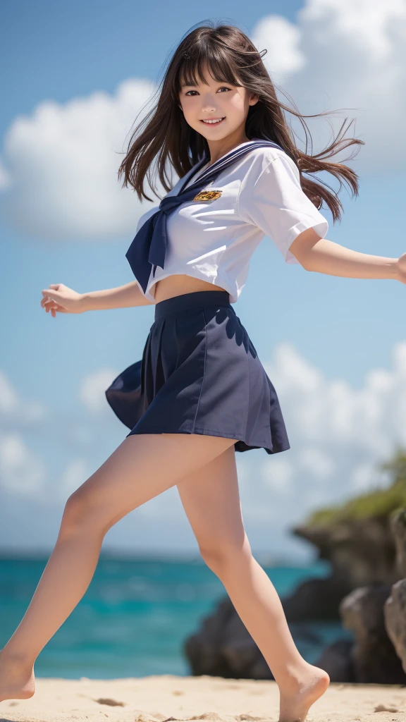 1girl,(((Okinawa ocean)))、(((White sand beaches in Okinawa)))、(((Just join your hands and pray)))、(((Mysterious look)))、8k UHD、Digital single-lens reflex camera、High resolution、Shallow depth of field、Natural light、(((Sailor suit)))、(((navy blue super mini skirt)))、(((A sparkling, charming smile)))、(((Full body photography)) )、Small person、(((Young face)))、1 Japanese female、12 years old;beautiful girl、(Black Hair)、A strong wind blows up my skirt、(((Brown eyes)))、Glowing Skin、Smooth Thinning Hair、Long Hair、Detailed background、Detailed eyes and face、Clear Eyes、Cute smile、Calm atmosphere、(((stage)))、(((Small breasts)))、(((Beautiful Eyes)))、Flat chest、Children、(((Toned thighs))) 、(((Angle from below) ))、(((Fine lips)))、(((Skirt fluttering)))、Shining beautiful legs、( Skirt fluttering violently in the strong wind :1.4), (hair blowing in the strong wind:1.4), (leaning forward)、barefoot、barefoot、((((A skirt flipped up by a strong wind))))