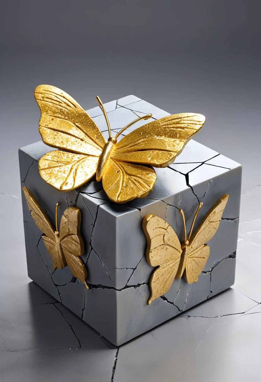 ((exhibit,Still Life Table,Artistic statues,3D Sculpture,ceramics,Surface cracks,Shattered Texture)), Butterfly,Stay in the cube,desktop,Show the beauty of nature.Kaneko,Gold Dust, This artwork is presented on a grey background,Emphasize its artistic quality