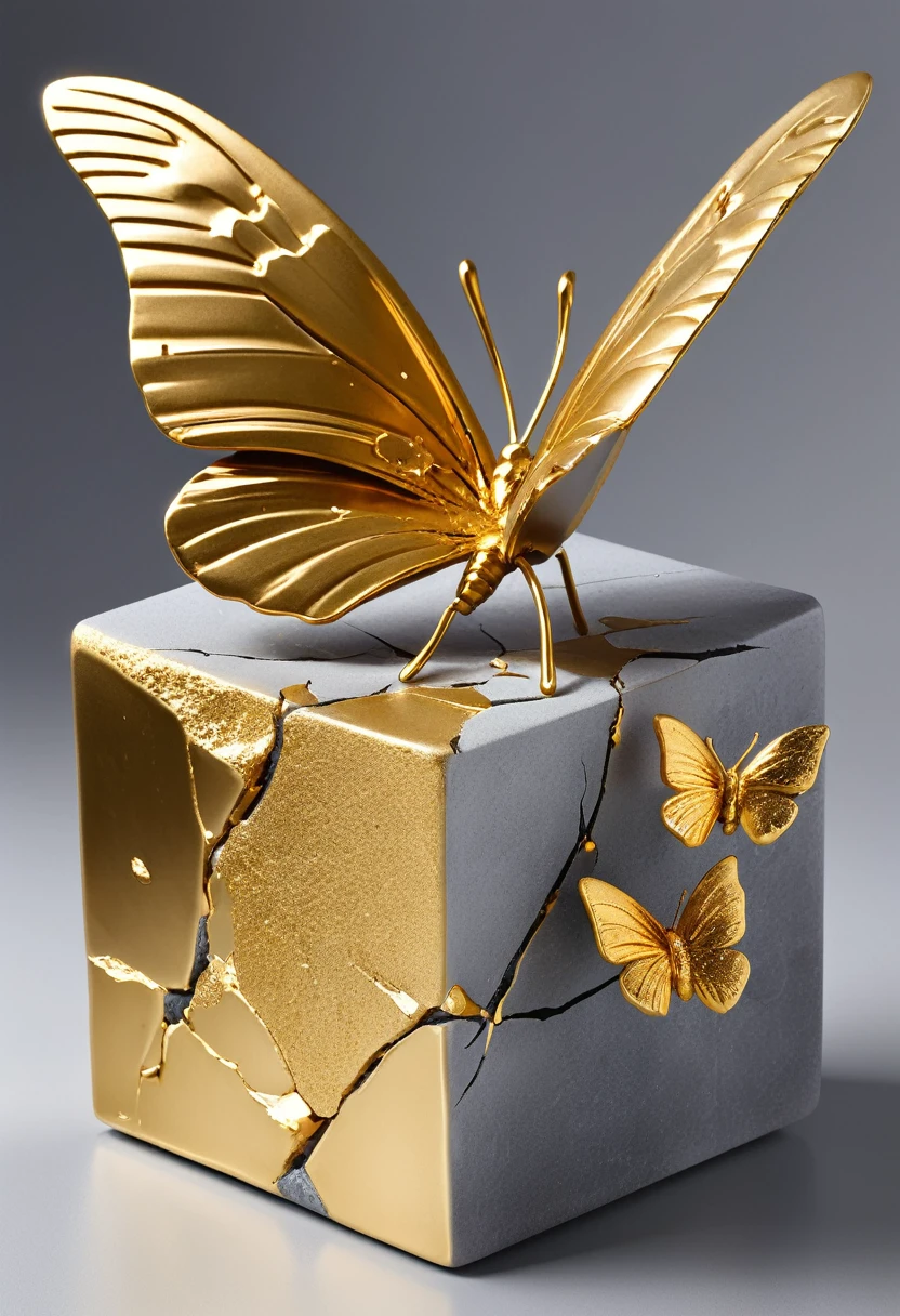 ((exhibit,Still Life Table,Artistic statues,3D Sculpture,ceramics,Surface cracks,Shattered Texture)), Butterfly,Stay in the cube,desktop,Show the beauty of nature.Kaneko,Gold Dust, This artwork is presented on a grey background,Emphasize its artistic quality