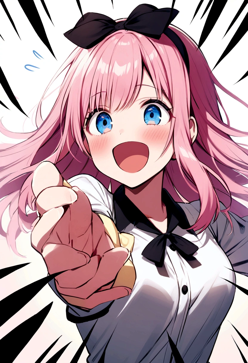 it's not easy, chika fujiwara, wide, hits, Blue eyes, bow, pink hair, (hair bow:1.2), blunt hits, black bow, SMILE, Open mouth,
happy