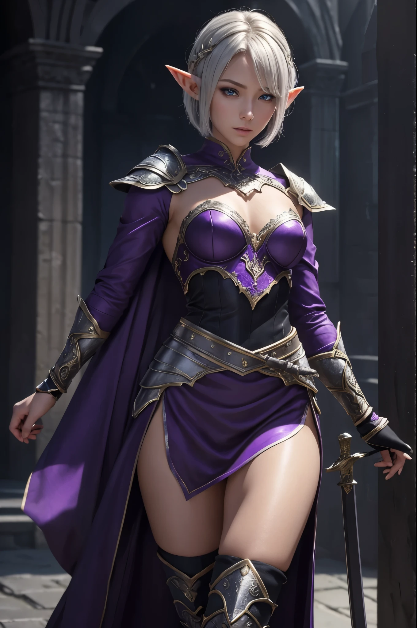 8K,Super beautiful elf with short blonde bob,Alafeid woman wearing gorgeous purple and black breast armor posing with a bow, super detailed fantasy characters, 3D Rendering Character Art, blue eyes,ArtJam ; 3D Unreal Engine,  Stunning Armor, Amazing character art,  Gorgeous Female Paladin,超A high resolution,Ultra-Realistic Skin,Beautiful expression,Sexy appearance,attractive,Beautiful breasts.Elf Ears,Model Chute Style、(the Extremely Detailed CG Unity 8k Wallpapers)、Full body photos of the most beautiful works of art in the world、Front 4 poses、Pearl Skin、diamond、Medieval architecture,trending at artstationh、CG trends、Every detail、Sharp focus、Dramatic and realistic painting、Sexy Costumes、Beautiful breasts、blue eyes、Beholder、Beautiful expression、Accentuate your cleavage、Beautiful decoration,Inside the cave,Highly detailed photos, Ultra-high resolution, masterpiece, highest quality,  Perfect lighting, Detailed lighting, Dramatic Shadows,  Looking at the audience, 美しくEvery detailこだわっ青い瞳, Clear Eyes, Red lips, ((The dark earth of the underworld)), Upper Body, masterpiece,highest qualityのフォトリアリスティックなRAW写真。Bright colors,Rich colors, Backlight, Cinema Lighting, Film Grain, to be born, 50mm lens, Nikon D850,Detailed character art,Fantasy art,Ultra-high resolution,Ultra-Realistic Skin,Perfect hand shape,Fantastic landscape,Makeup,Hard and strong abs,Possesses a gorgeous purple and black bow,