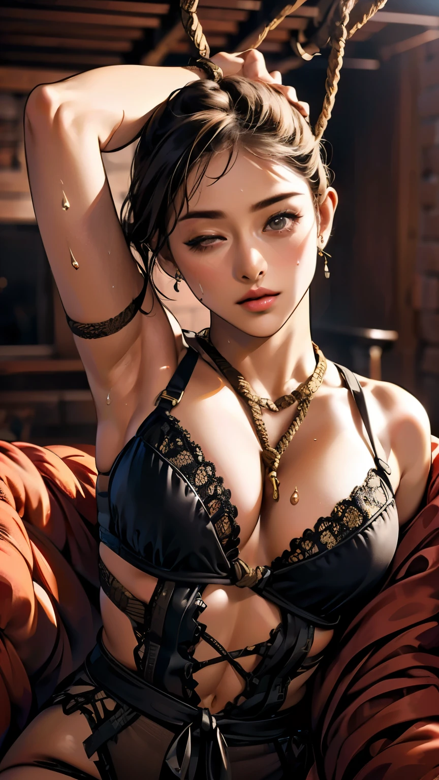 (8K.RAW Photos), ((Highest quality)), ((masterpiece)), (detailed), I,Asian Sexy, (bondage:1.4), Glamour, (Sweating profusely throughout the body:1.3), (Black Hair), (short hair), (ponytail), (Bedroom), (Being tied up with rope:1.5), ((C-cup breasts with firmness)), ((Sleeping on your back with your legs spread wide)), ((Bound with arms outstretched)), ((Sleeping in a big letter)), ((Close your eyes)), ((Fearful expression)), ((Black lingerie)), necklace, Earrings, bracelet,