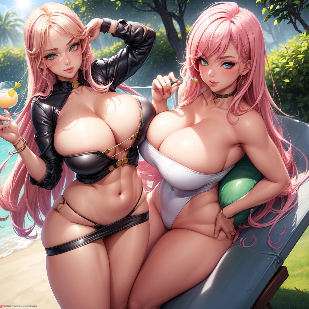 ((1 girls), solo, Big round breasts, trendy, stylish,, thighs, hips, realistic, pink hair, blonde hair, light green eyes, lip gloss, detailed face, amazing big eyes, eye details, big lips, eyebrow details, blush, confident, dominant, bdsm, smirk, naughty, mischevious face, HD, good quality, curvy, standing up, thick thighs, attractive, amazing body, perfect body, slim thick, garden, sun lounge chair, cocktails, luxury