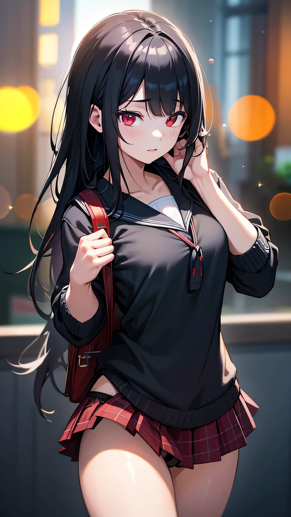 A cute girl with a long black ponytail with red eyes, in a shopping mall with a baggy shirt and a long skirt