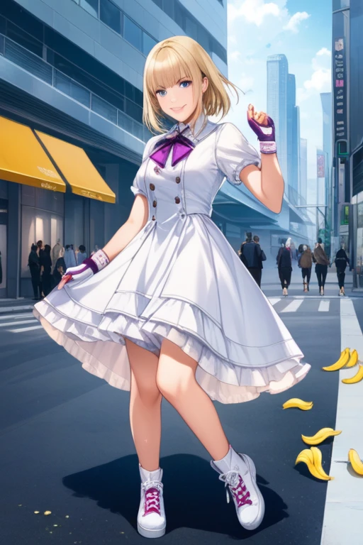 score_9, score_8_up, score_7_up, best quality, masterpiece, source_anime, zPDXL2, BREAK
1girl, solo,  lili,  blonde hair, blue eyes, lilit7, pasntyhose, purple, fingerless gloves, dress, city, , smile, happy
Pretending to slip on a banana peel