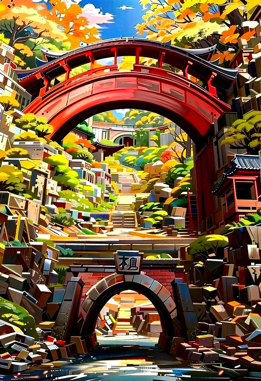 一作古老的Stone Arch Bridge,,Cool colors,Front view,Surrounded by green grass,Vine,Stone Arch Bridge,Bridge made of stone