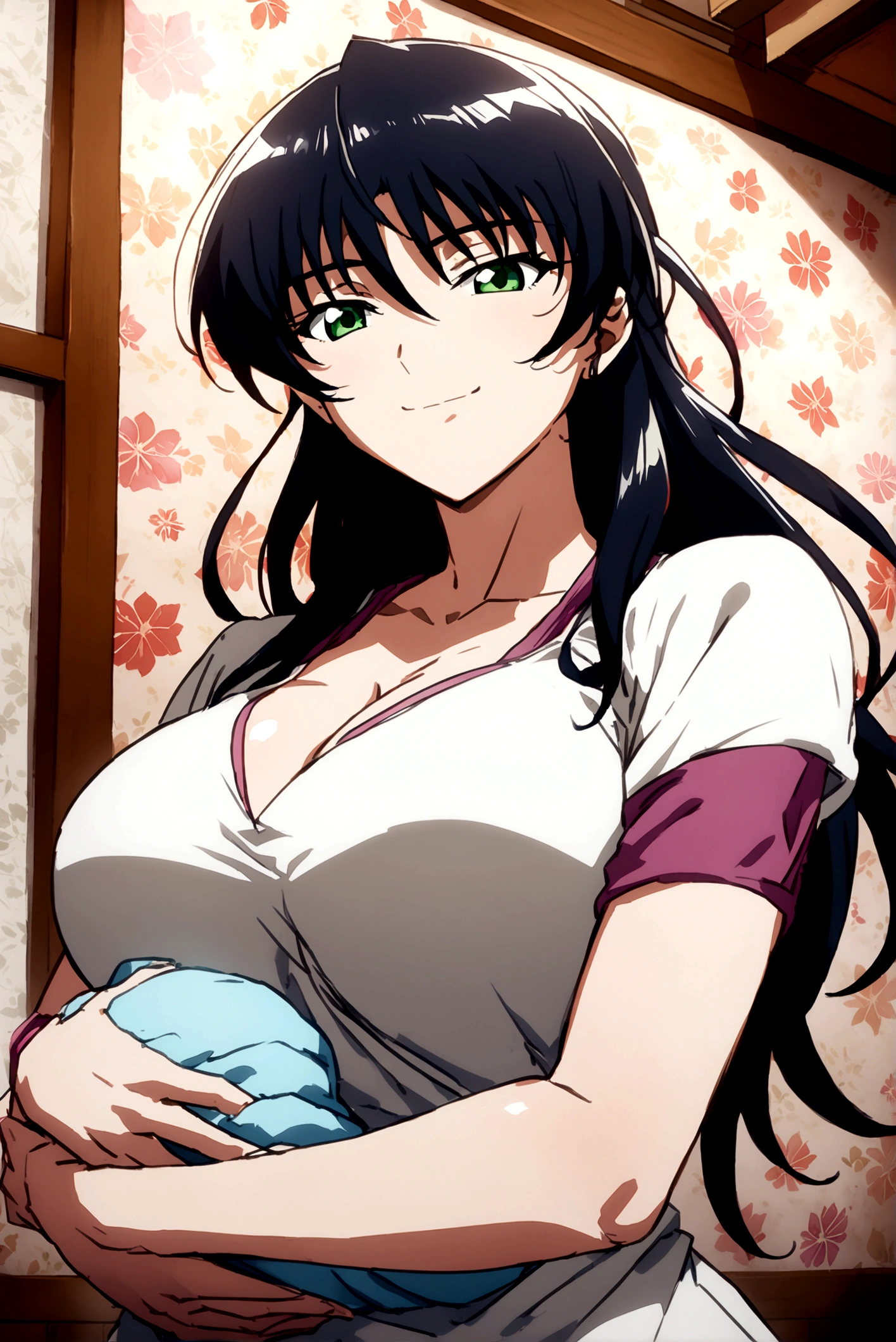 Large Breasts, anime girl with blue hair and green eyes long haired, misato katsuragi, portrait knights of zodiac girl, fubuki, kusanagi, inspired by Rei Kamoi, nico robin, ikki tousen, knights of zodiac girl, juri misaki, gainax anime style, close view 8K,HD,Wallpaper masterpiece 1.3, large ass, casual Clothes. Home backround, smiling, holding a baby in arms, baby has black hair, looking at baby