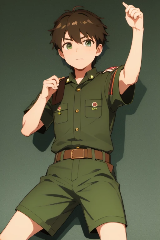 Keitaro Nagame from Camp Buddy, , with a boy scout uniform, brown hair, green eyes, light brown boy scout shirt with medal print, light brown shorts, black belt, green scarf