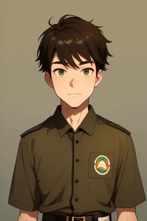 Keitaro Nagame from Camp Buddy, 14 years old, with a boy scout uniform, brown hair, green eyes, light brown boy scout shirt with medal print, light brown shorts, black belt, green scarf
