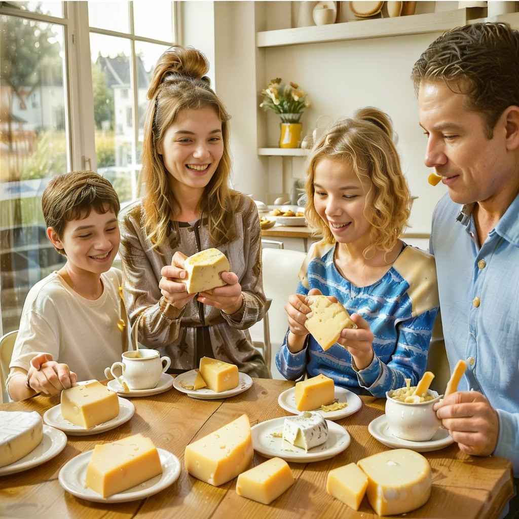 Family ((adult man and woman who are (over 45 years old)) and ((children boy and girl (12 years old each)) sitting at the table with food, Eating cheese, Warm and happy atmosphere, Good morning, Family dinner, photo stop, delicious, cheese on the table, stock, Noon, realistic