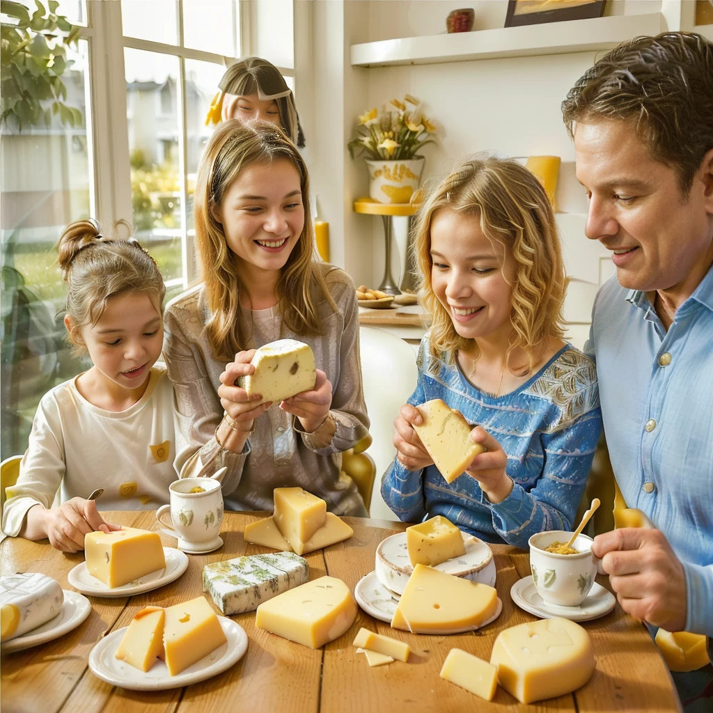 Family ((adult man and woman who are (over 45 years old)) and ((children boy and girl (12 years old each)) sitting at the table with food, Eating cheese, Warm and happy atmosphere, Good morning, Family dinner, photo stop, delicious, cheese on the table, stock, Noon, realistic
