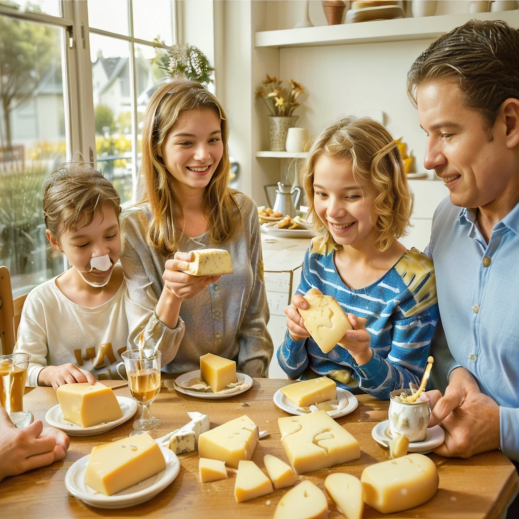 Family ((adult man and woman who are (over 45 years old)) and ((children boy and girl (12 years old each)) sitting at the table with food, Eating cheese, Warm and happy atmosphere, Good morning, Family dinner, photo stop, delicious, cheese on the table, stock, Noon, realistic