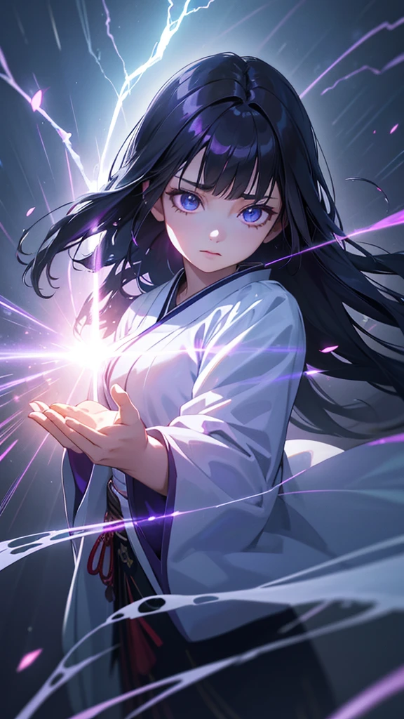 a beautiful girl with long black hair, light blue eyes, surrounded by purple lightning, wearing a traditional japanese kimono, with a mysterious expression, fantasy art, dark lighting that highlights the purple lightning, (best quality,4k,8k,highres,masterpiece:1.2),ultra-detailed,(realistic,photorealistic,photo-realistic:1.37),HDR,UHD,studio lighting,ultra-fine painting,sharp focus,physically-based rendering,extreme detail description,professional,vivid colors,bokeh