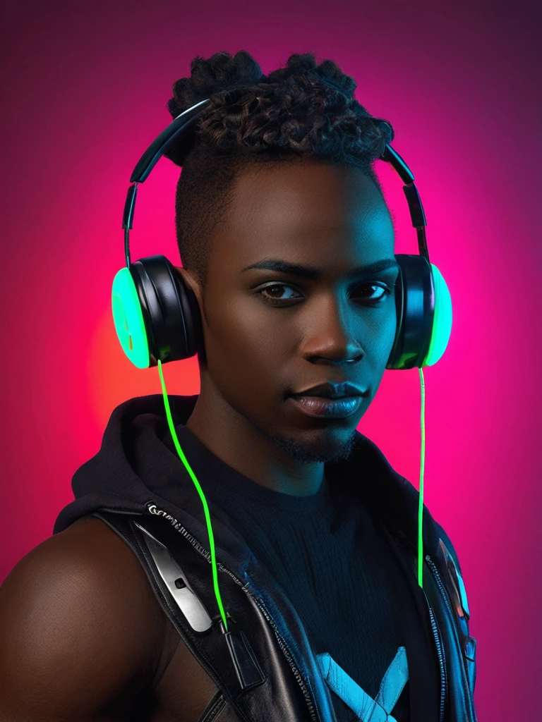 1 men, bonitas, warrior, cyber punk, photo realist, gazing at viewer, darkskin, neon lights, science, earbuds, portraite \(object\),