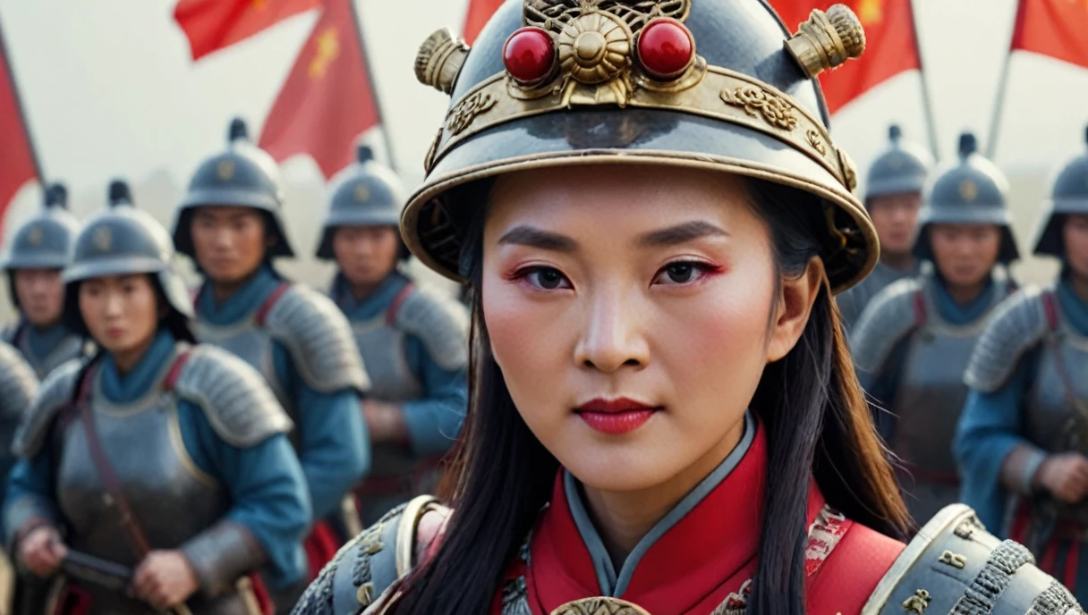 a shot from selfie,Ancient beautiful Chinese female general on the battlefield