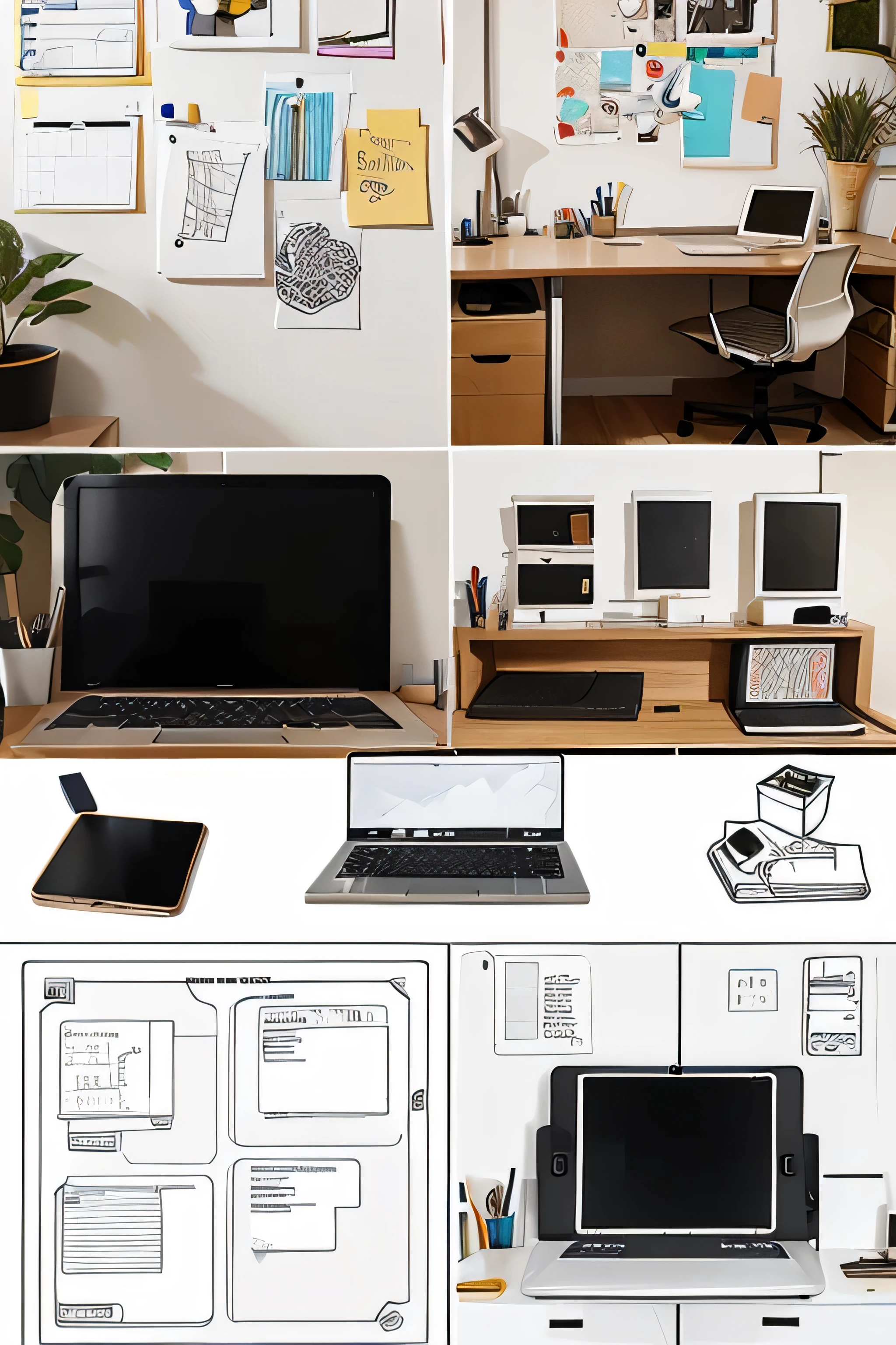 Illustration of a tech startup workspace with modern desks, laptops, and idea boards filled with sketches and notes.