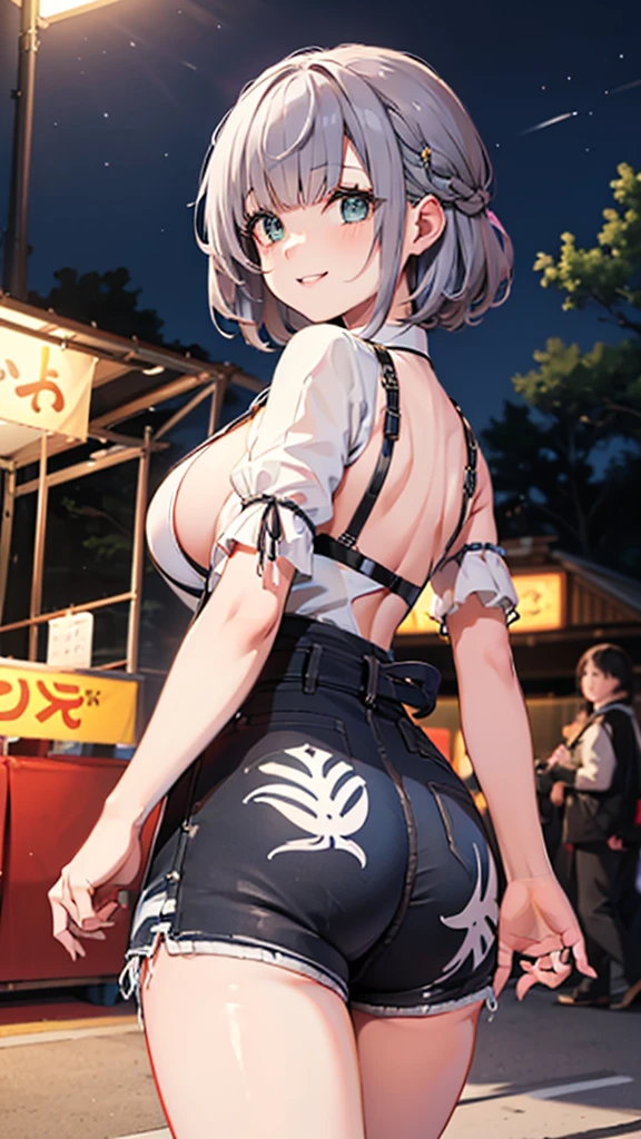 (masterpiece, Highest quality, Super detailed), figure, omatsuri, food stand, One girl, Beautiful Eyes, View your viewers, From behind, Cowboy Shot, Recall, (yukata, Festivals、stall、firework、Colorful lights),wood, Outdoor,road, walking, crowd, night, lanthanum, food, paved, 横断歩road, paper lanthanum, lamp post, night sky,(Silver braided short bob, Soft curves、Large Breasts、A fascinating body),((super fine illustration)),((cute eyes,highly detailed skin)),(happy smile)