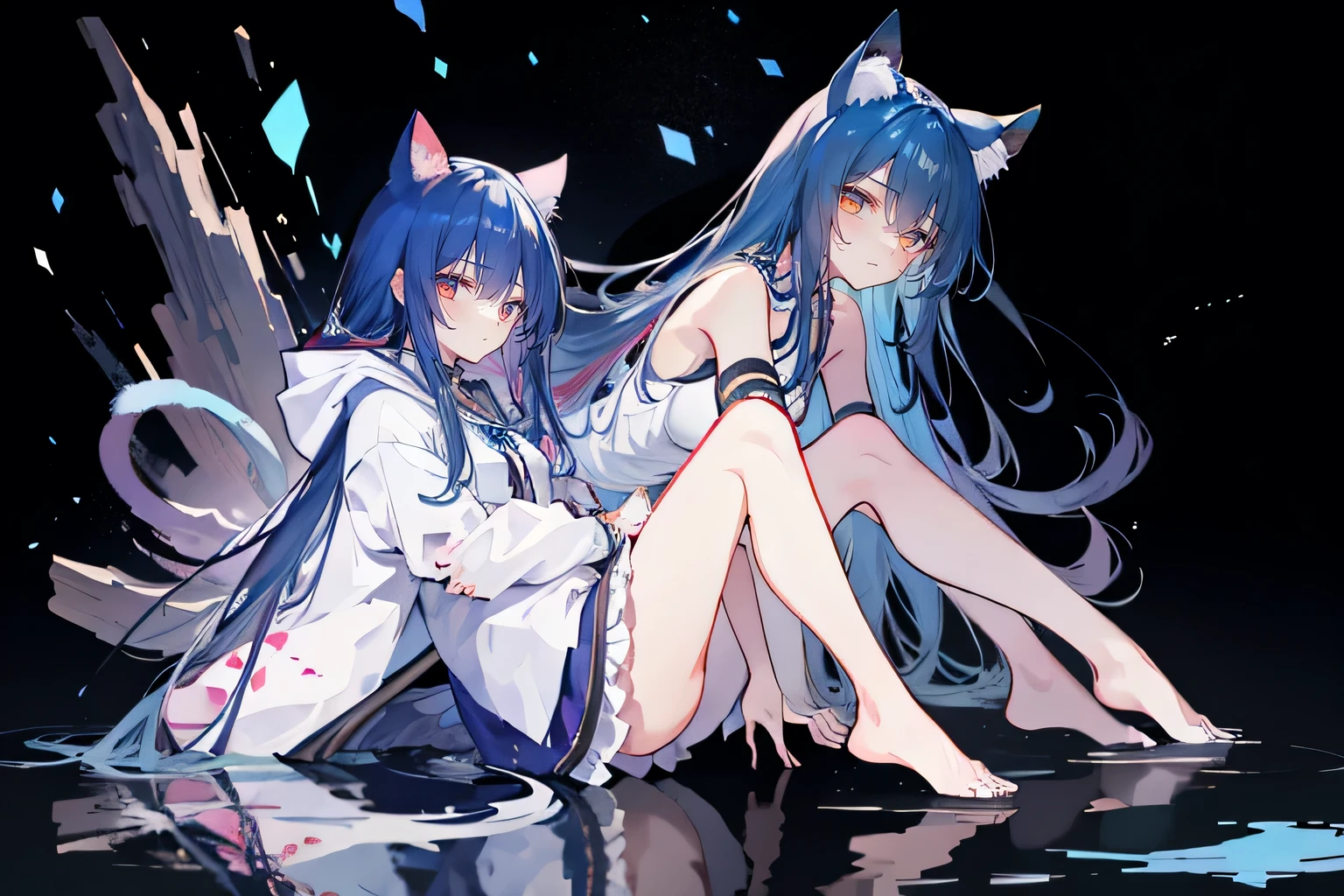 （masterpiece：1.2），Super detailed，lifelike，Expressive eyes，fair skin，perfect face shape，1 girl，
Japanese comics,Gorgeous blue hair,flowing blue hair,flowing clothes,Cat ears,Petals fall,beautiful lola,Baby Angel,
Shaking head with one hand，Cross your legs，Gentle and peaceful background，The pavilion is cool and comfortable,smile, wearing hoodie, background of tokyo,back views,snowing, winter,lie on the water，Lying on the ground。Dark blue gradient hair,asymmetrical hair,（（Hair is very thick 1.8，Chiseled hair 1.6））， Hair over the shoulders, Messy hair, Very long hair, shiny hair，(long dark blue hair:1.2),A beautiful girl，（Transparent clothes transparent 1.8），Perfect body，Big thin legs，slender，(Looks very sad，Looks haggard ，sadness，shut your mouth：1.2） Against the backdrop of an unusually bright dark starry sky，（Put your hands behind your back），（round,Room, Strong breasts），barefoot，float，water surface，（long legs，long legs，long legs，Complete）