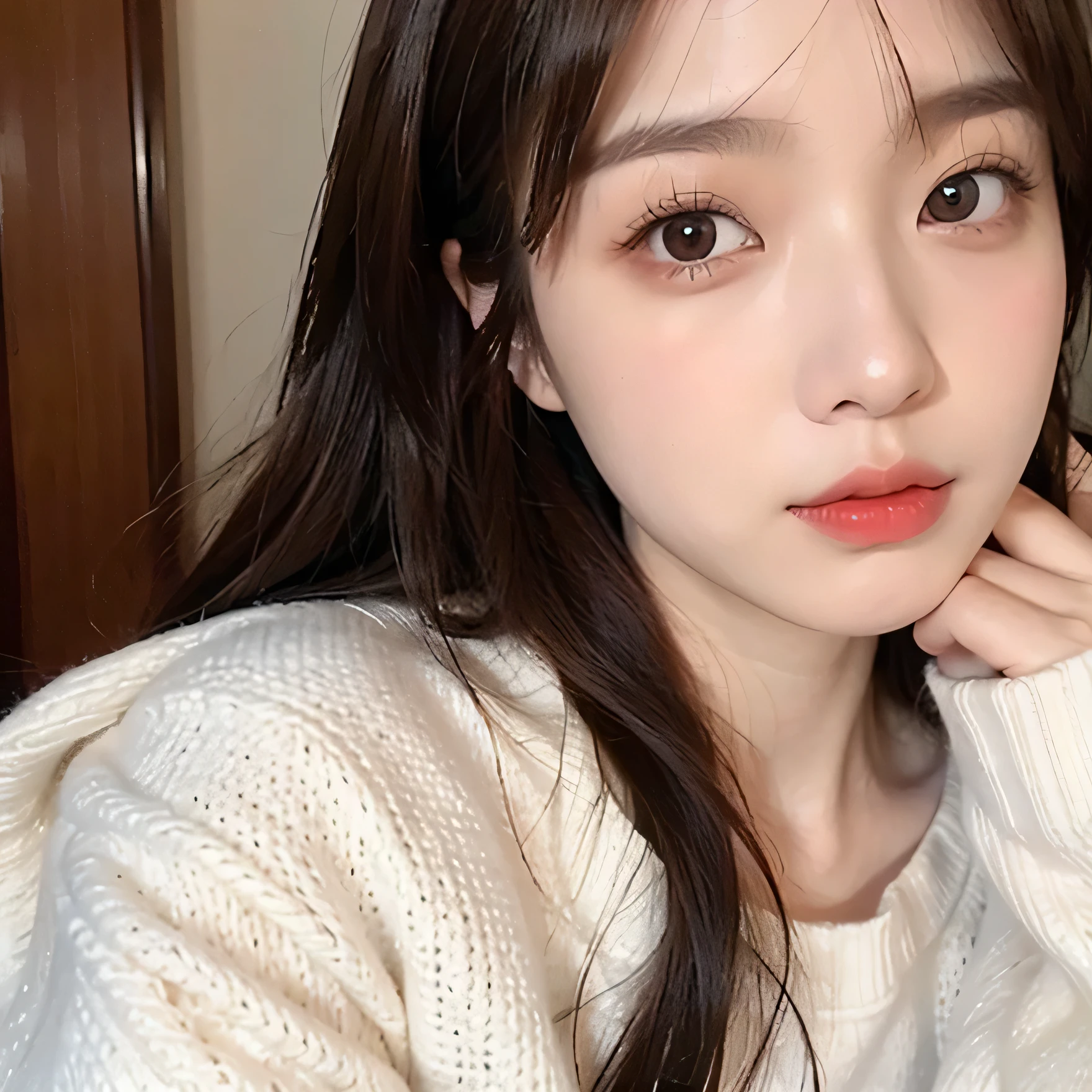 Japanese women。Age 35。Brown Hair。A charming beauty。White knit。Red lipstick。round face。born々Extremely realistic
