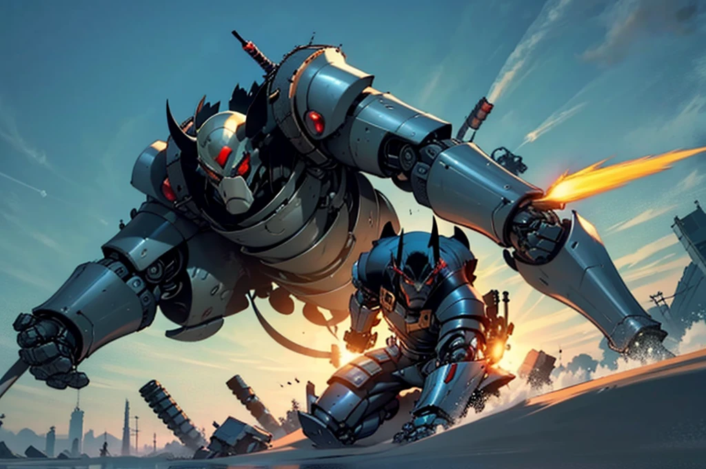 hero with robotic armor with imposing pose being shot without damage