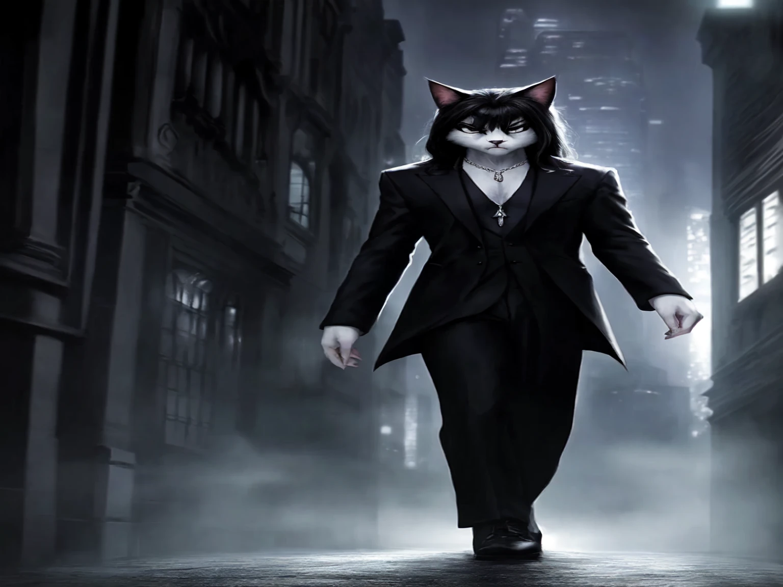 Male, (Male anthro cat:1.3), (Black fur with white fur patterns:1.1), (standing:1.3), (Foggy dark city:1.23), (displeased expression:1.3), detailed eyes, black nose, (detailed eyes), (sharp white eyes), detailed background, 8k hd, (dark shadows, wide dynamic range, hdr, low light:1.2), (Lean physique), slight black eyeshadow, (Long wavy black hair), (black long coat, black turtleneck, silver necklace, black dress pants)