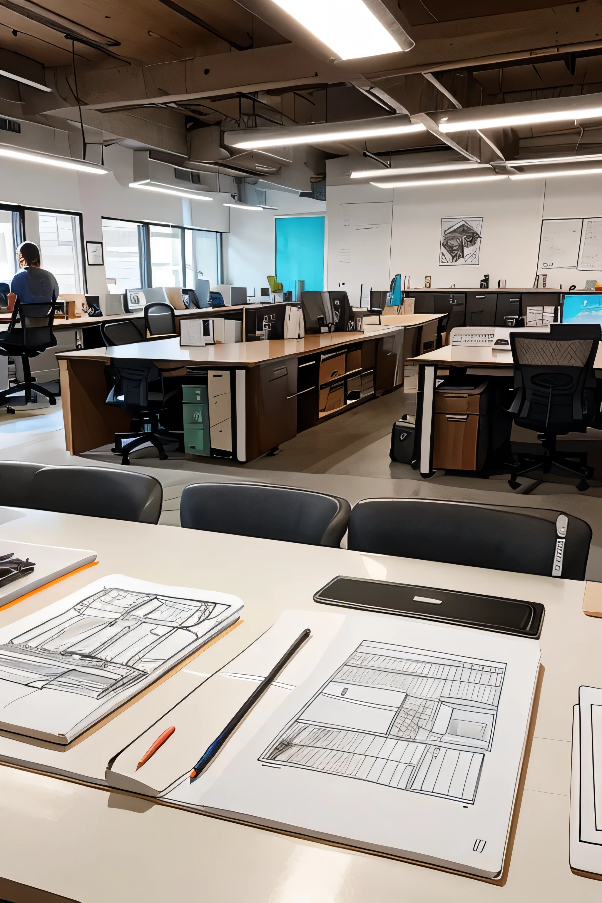 Illustration of a tech startup workspace with modern desks, laptops, and idea boards filled with sketches and notes.