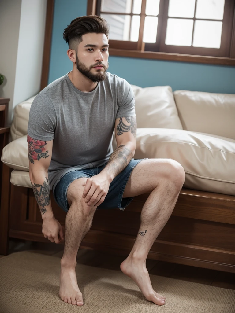 A handsome 25-year-old man, short hair styled up, fair skin, short beard, casual clothes, full body view, intricate tattoos, 